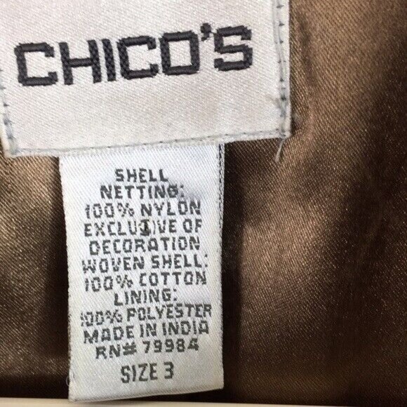 Chico's Jacket Blazer Bead Detail Netting Brown Floral Leaf Pattern XL Chico's 3 - Picture 4 of 5